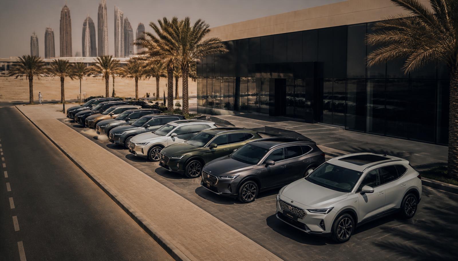 New Chinese-brand SUVs lined up on a car dealership forecourt in Dubai, UAE, with the city skyline behind