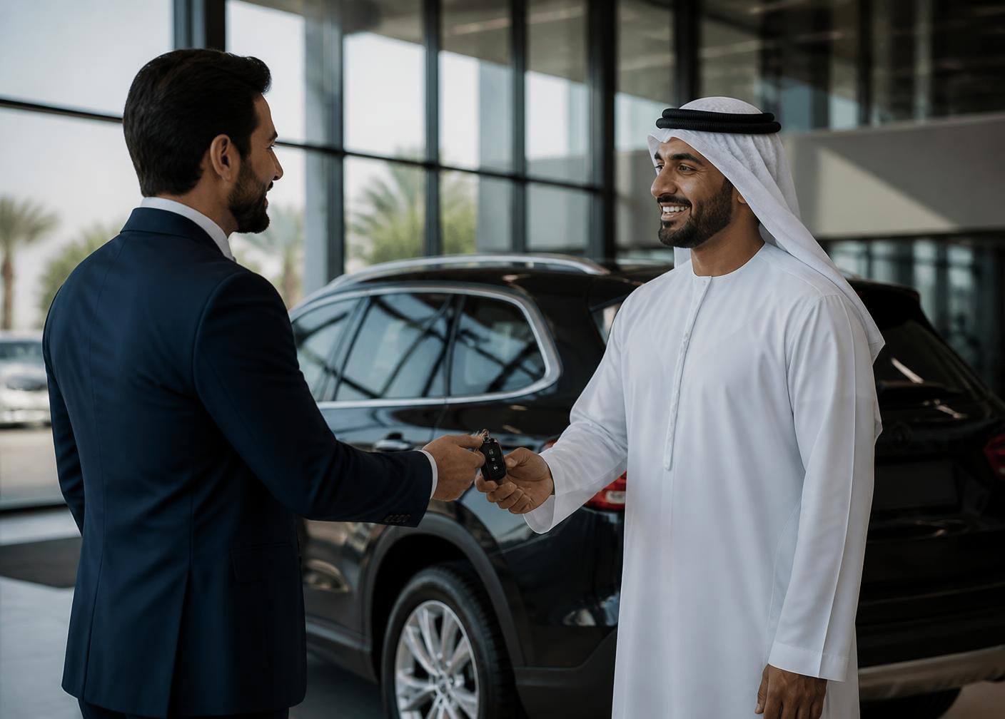 Car dealership salesperson handing keys to an Emirati customer in a UAE showroom