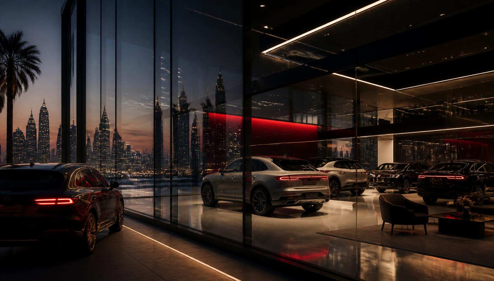 Luxury car dealership showroom in Dubai at dusk with premium SUVs and the city skyline reflected in the glass facade